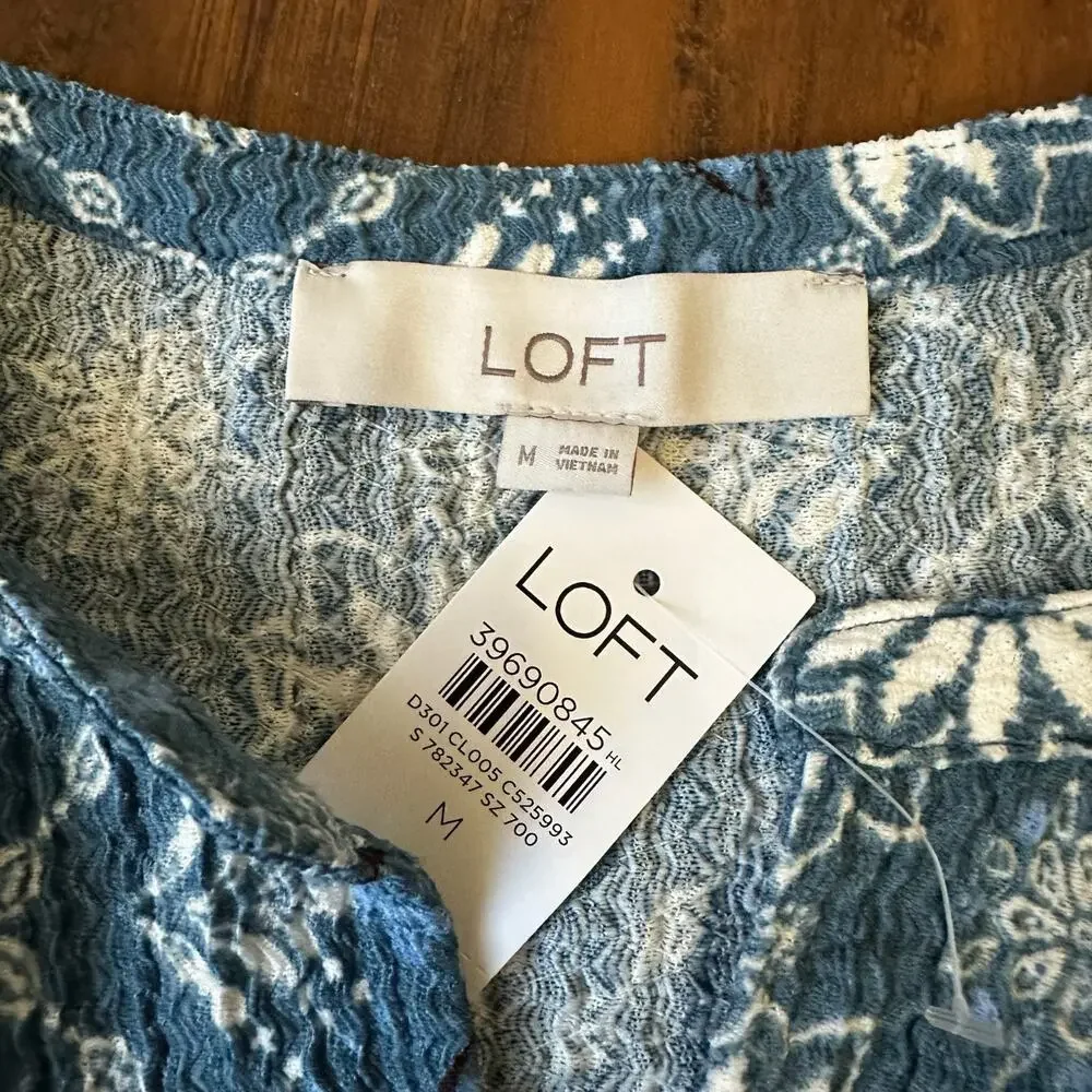 LOFT Blouse Blue Floral Crinkle Knit Split Neck Puff Sleeve Boho NWT